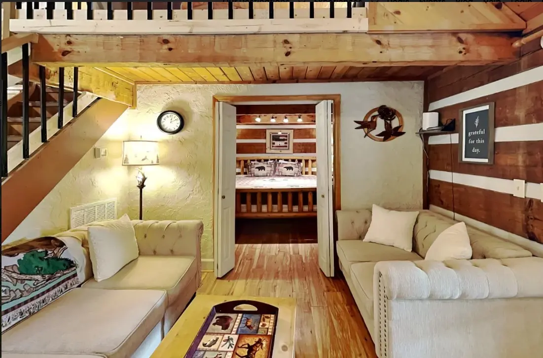 Comfortable wood-accented living area at Peaceful Ridge